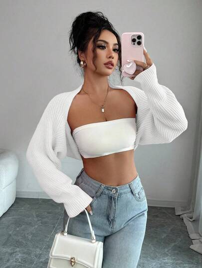 Islaluna Cárdigan corto de punto acanalado de unicolor elegante para mujer, otoño