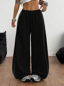 Coolane Women's Winter Streetwear Homecoming Daily Wear Going Out Sport Casual Basic Banded Texture Decoration  Black Low Rise Baggy Sweatpants - Black - View 6