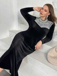 Modelyn Plus Size Elegant Dress With Beaded Collar Patchwork - Black - View 6