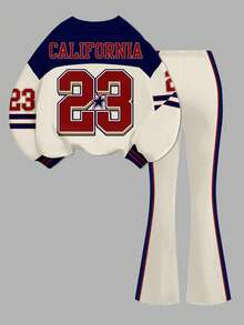 SHEIN Leap Crew 复古美式学院风运动套装，数字23印花，青少年女孩休闲宽松圆领长袖卫衣和喇叭裤两件套，返校季，2000年代风格，Y2K，韩版风格，秋季服装，返校节 - 彩色 - 查看 3