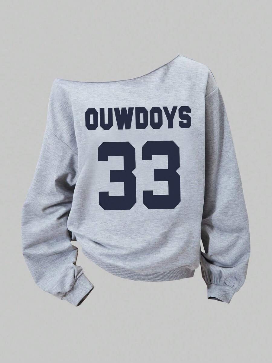 Sparklyn Teen Girl Casual Fashion Street Asymmetric Shoulder Number 33 Print Long Sleeve Sweatshirt, Autumn/Winter Fall - Grey - View 1