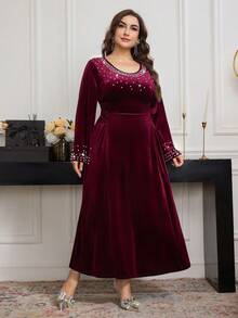 Modelyn 优雅纯色珍珠水钻装饰圆领长袖腰部 A 字形长裙，加大码，春秋季 - 酒紅色 - 查看 4