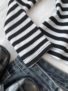 Tween Girls Long Sleeve T-Shirts, Suitable For Valentine's Day, Loungewear, Clean Girl, American BM Style, Y2K, Black & White Striped Knit U-Neck