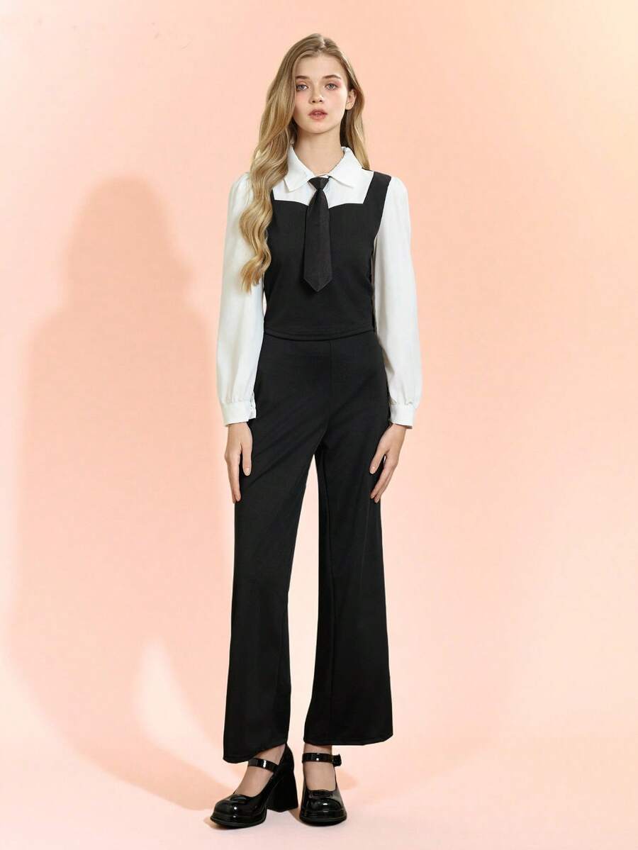 Teen Girls' Casual & Elegant Academy-Style Two-Piece Set, Featuring Simple Long Sleeve Shirt & Pants, Perfect For Commuting Or Daily Wear