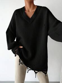 EURMUSE Drop Shoulder Distressed Sweater Black - Black - View 3