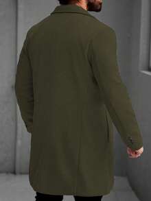 Manfinity Homme 男士纯色翻领单排扣长袖时尚大衣橄榄绿男士羊绒长款外套冬季女式绿色 - 軍綠色 - 查看 2