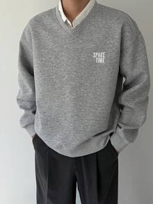 DAZY 男士 V 领字母印花设计麻灰色休闲套头衫，秋季通勤风格 - 灰色 - 查看 8