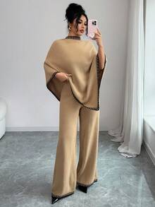 Elenzga Women's Casual Loose Poncho Design Top And Loose Contrast Color Pants Knit Two Pieces Set - Khaki - View 4