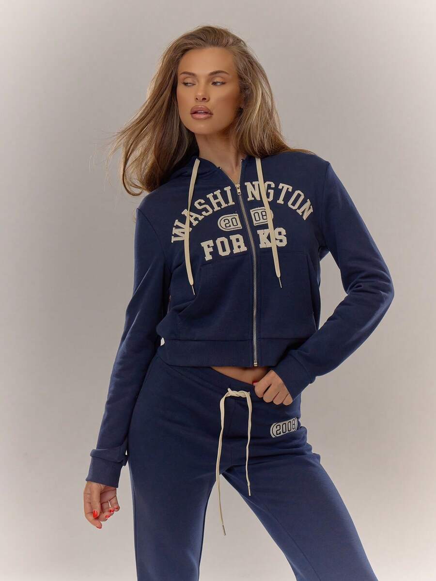 MUSERA Applique "Washington Forks" Zip Through Hoodie Tracksuit Top Only Winter Cute Casual Cosy - Navy Blue - View 1