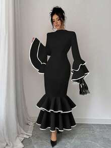 INAWLY Váy tay phồng xếp nếp màu tương phản dành cho nữ - màu đen - Xem 4