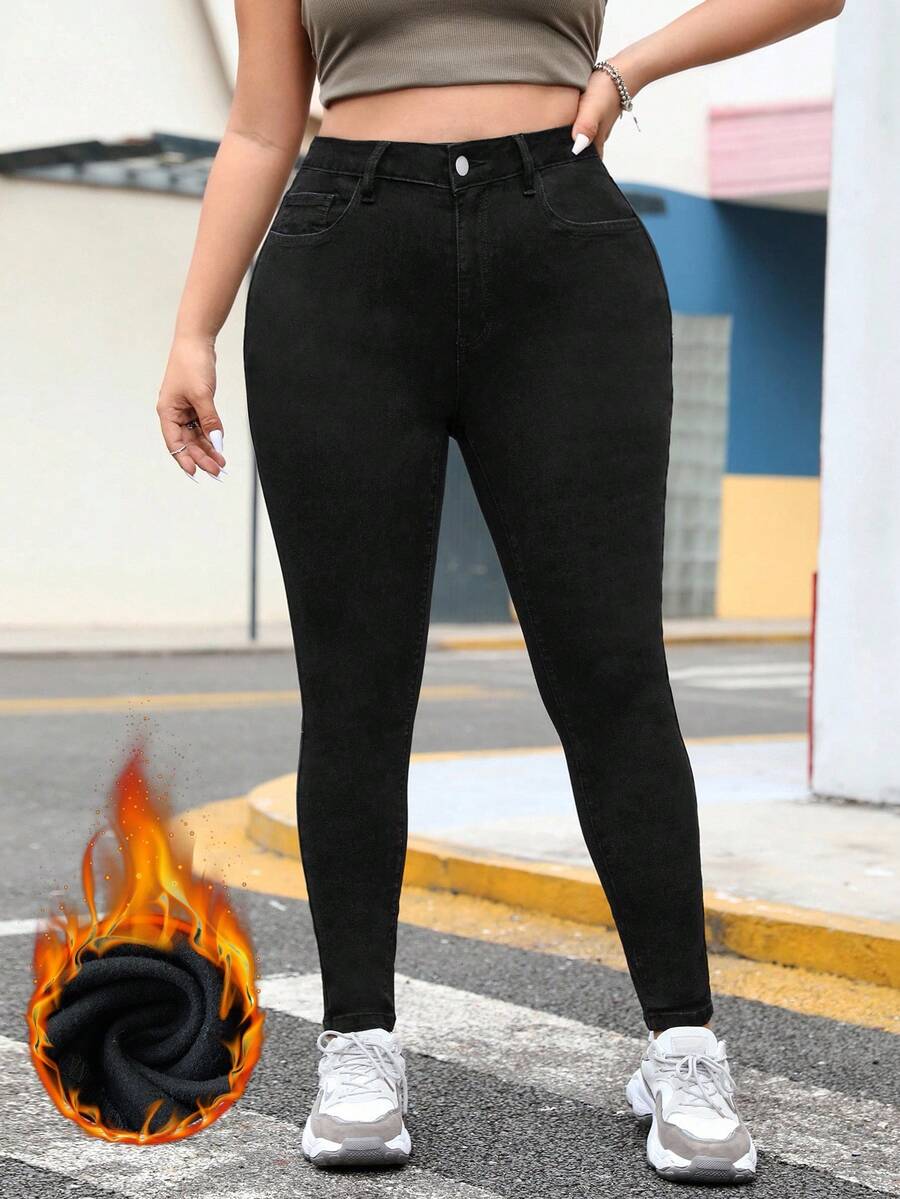 SHEIN EZwear Quần jean bó màu trơn đơn giản, lót nhiệt, dáng rộng, dễ mặc hàng ngày, thu/đông dành cho nữ cỡ lớn - màu đen - Xem 1