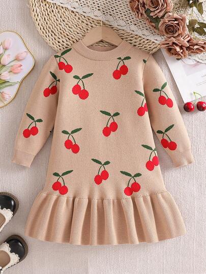 Vestido de suéter de manga larga con estampado de cerezas rojas suaves para niñas, lindo y de moda, adecuado para vacaciones de otoño/invierno