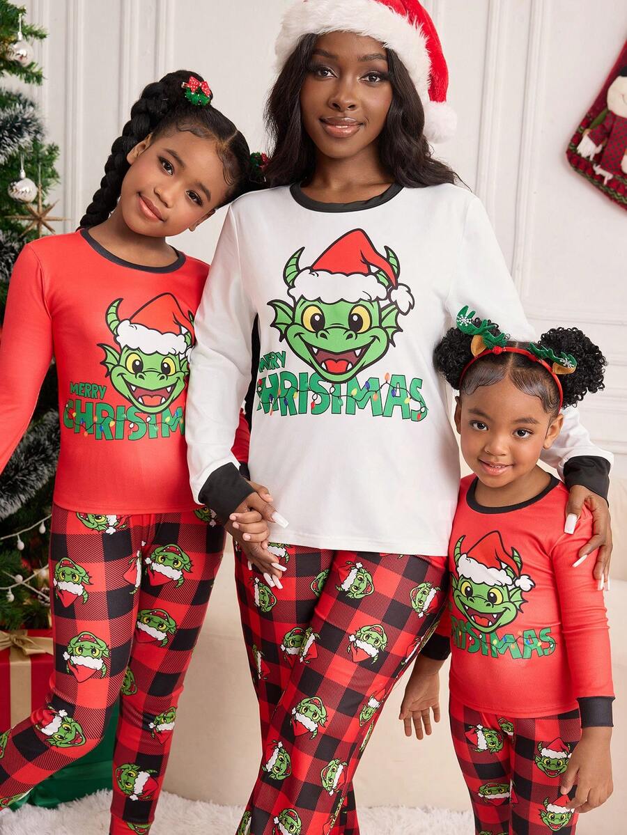 SHEIN CASUAL Tween Girls Christmas Cute Monster Print Pajama Set, Mommy And Me Matching Outfits (2 Sets Sold Separately), Skinny Fit - Red - View 1