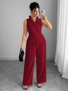 Elenzga 大码女式优雅纯色分层荷叶边无袖背心和阔腿前缝裤套装 - 紅色 - 查看 3