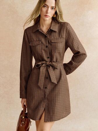 Écloséra Vestido midi de manga larga con cuello y cintura ceñida, estilo vintage, para otoño