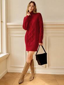 Écloséra French Retro Loose Turtleneck Long Sleeve Argyle Knit Burgundy Sweater Dress For Women, Autumn/Winter, Winter Clothes For Women Winter Dress Women Christmas Clothes For Women New Year Dress Elegant Dresses For Women Red Dress For Women - Burgundy - View 4