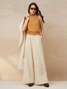 INAWLY Pantaloni largi pentru femei, stil casual, pentru naveta, stil de vacanță, cu talie cu șnur, cu buzunare oblice, din dantelă aplicată - Caisă - Vizualizare 4