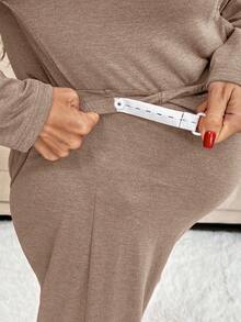 SHEIN 2pcs Maternity Solid Color Button Front Long Sleeve Top And Pants Set Loungewear Women Sleep Wear Women Maternity Sets 2 Piece Lounge Sets Woman Maternity Clothes Two Piece Suits - Khaki - View 4