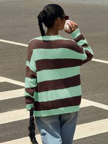 Muchica Women's Regular Striped Pattern Crew Neck Long Sleeve Pullover Sweater - Mint Green - View 2