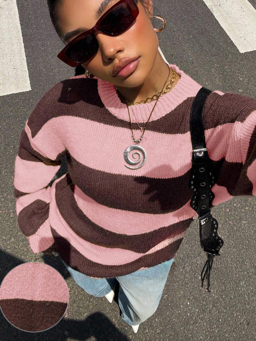 SHEIN EZwear Áo len Raglan cổ tròn màu tương phản thường ngày dành cho nữ, Thu/Đông - Hồng - Xem 1