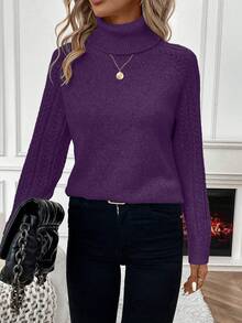 EMERY ROSE Suéter casual de cuello alto y manga raglán de unicolor simple para uso diario y viajes, otoño/invierno para mujer - Bold Plum - Ver 5