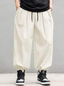 Manfinity EMRG 男士休闲纯色宽松口袋裤 - 米色 - 查看 4