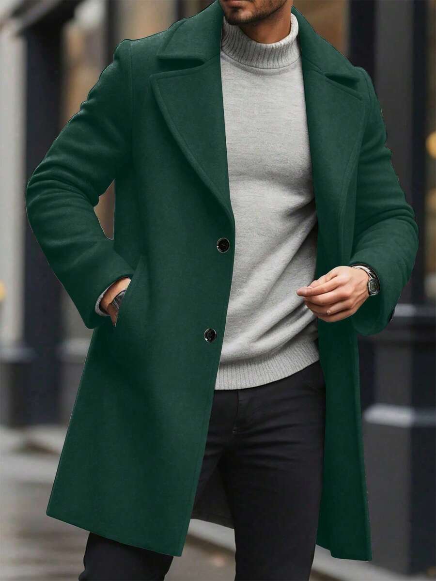 Manfinity Mode 男士纯色简约日常大衣，长袖，秋冬款 - 墨綠色 - 查看 1
