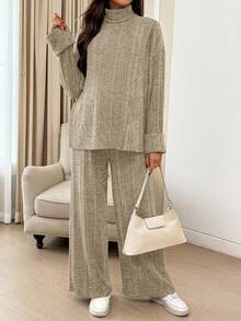 SHEIN 2件套孕妇休闲高领长袖上衣和裤子套装，秋季 - 杏色 - 查看 4