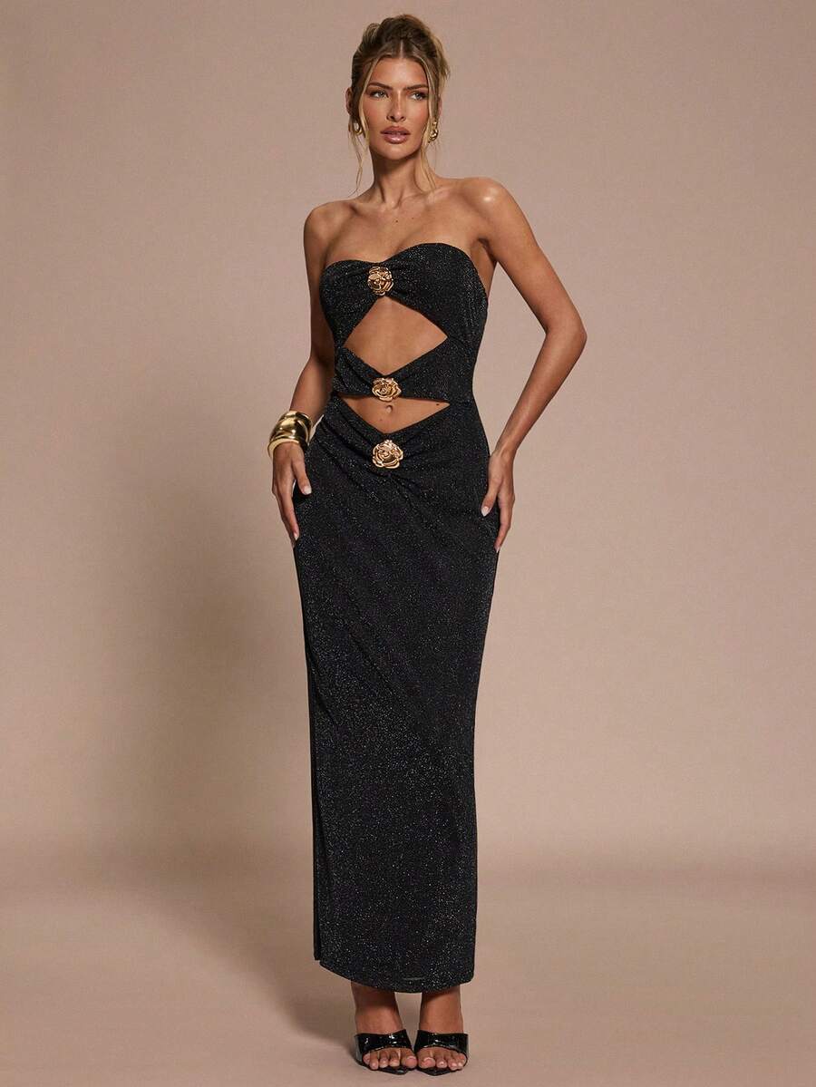 SHEIN BAE 女士优雅金属花朵装饰露肩连衣裙，夏季 - 黑色 - 查看 1