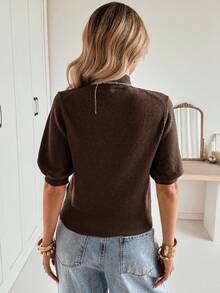 Siren Gaze 女式纯色简约休闲高领短袖毛衣 - 棕色 - 查看 2
