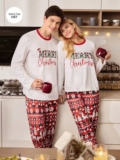 Manfinity Christmas Merry Lettering Print Long Sleeve Top & Reindeer, Snowflake, Christmas Tree Print Pants Men Pajama Set Fall Winter Clothes Matching Couple Pajama Set Christmas Pajamas Couple Men Pjs Set