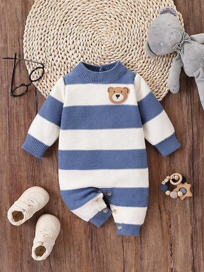 SHEIN 男婴/女婴条纹针织连体衣，长袖毛衣连体衣，秋冬舒适，适合日常穿着、幼儿园、旅行、休闲，饰有可爱的小熊装饰，蓝色和米色