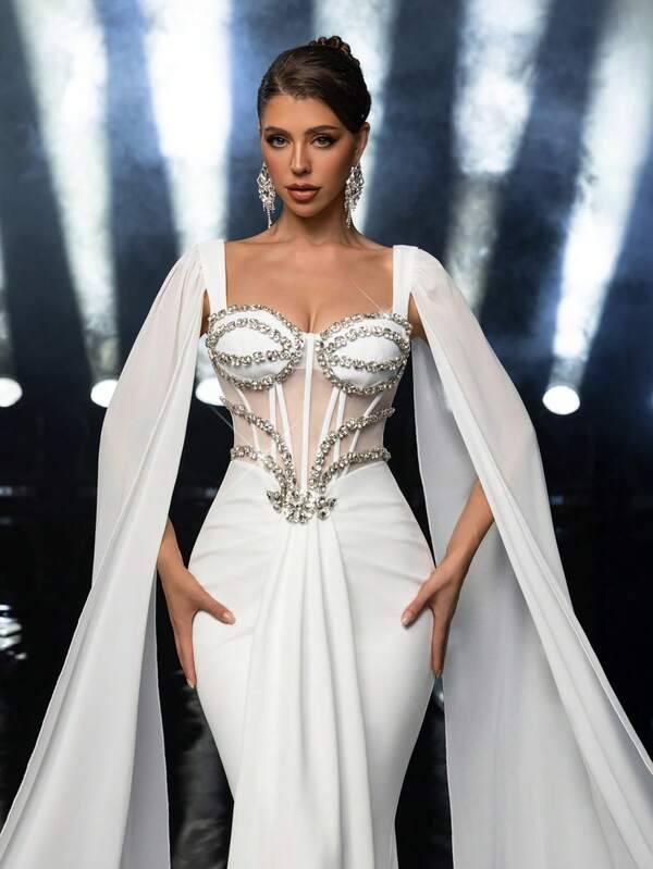 Glamrae Elegant White Elastic Knit Waist Boned Sheer Chiffon Extra Long Mesh Flare Sleeve Luxurious Handmade Rhinestone Fishtail Extra Long Trailing Adjustable Tie Suitable For Wedding Events Bridal Gown