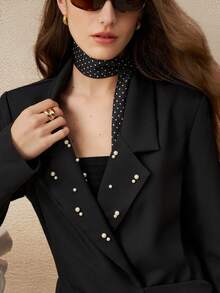INAWLY Chaqueta blazer elegante de cintura ceñida con cuentas, estilo francés minimalista, para mujer, nueva para otoño - Negro - Ver 6