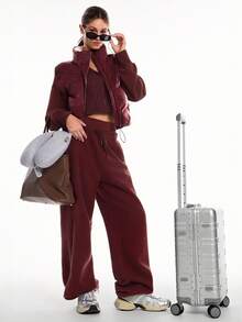 GLOWMODE 时尚温暖舒适光泽拉链按扣闭合松紧袖口腰长可拆卸兜帽羽绒背心秋冬户外日常休闲装 - 酒紅色 - 查看 8