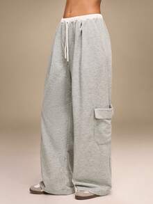 Hanevo Autumn/Winter Back To School Casual College Style Contrast Color Cinched Waist Pockets Wide Leg Pants - Grey - View 5