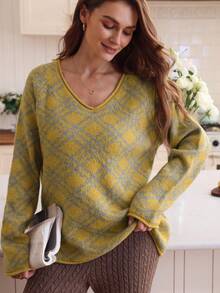 Louniche Women's Casual College Style Loose Fit V-Neck Raglan Sleeve Plaid Pattern Sweater, Autumn/Winter