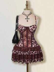 SHEIN ICON Women Brown Leopard Print Bustier Crop Top & Layered Lace Ruffle Mini Dress,Elegant Dresses For Party