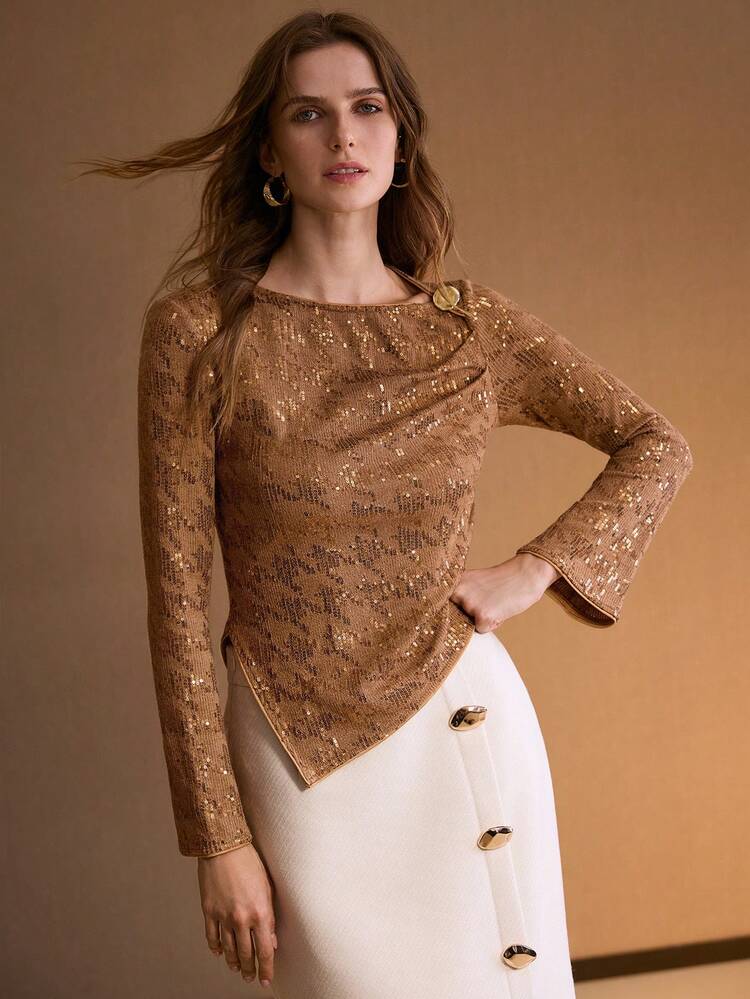 WOMEN'S SEQUINS ASYMMETRIC HEM T-SHIRT WITH METAL DECOR BUTTON AND FLARED SLEEVES, AUTUMN/WINTER
