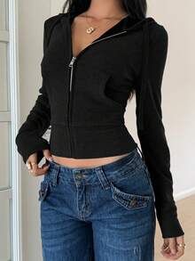 SHEIN EZwear Vintage Style Zip-Up Hooded Fitted Jacket, New Arrival For Autumn Long Sleeve Black Top Black Shirt Women Black Top Zip Up Sweater Black Zip Up - Black - View 5