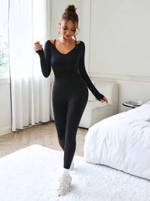 SHEIN Sports 露背长袖和长裤连体裤，性感运动紧身衣，女士 - 黑色 - 查看 7