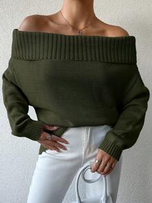 EURMUSE Women's Casual Solid Color Off-Shoulder Loose Sweater, Autumn/Winter - Army Green - View 3
