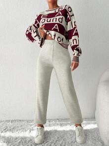 EURMUSE Women Letter & Stripe Pattern Round Neck Long Sleeve Top And Solid Color Pants Sweater Set - Multicolor - View 4
