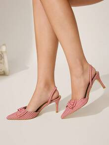 CUCCOO CHICEST Women's Romantic Elegant Pointed Toe Bowknot Strap High Heel Pumps, Classic Plaid Fabric, Slip-On, Suitable For Date, Afternoon Tea, Commute, Valentine's Day - Red and White - View 5