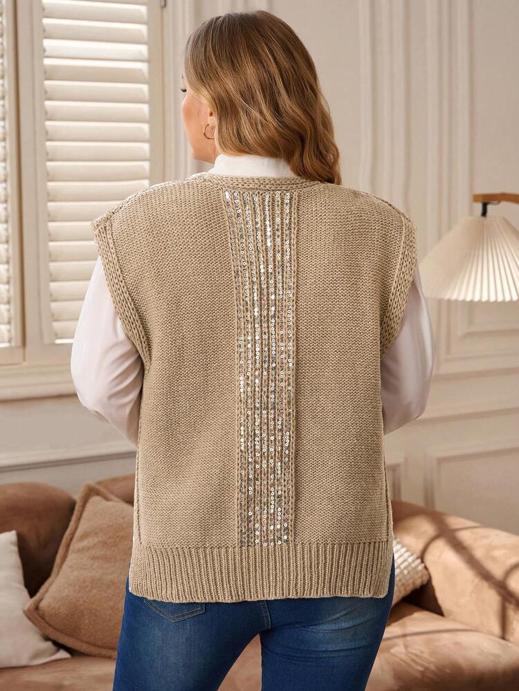 Plus Size Casual Sequin Decor Knit Sweater Vest, Autumn/Winter,2025 New, Thanksgiving