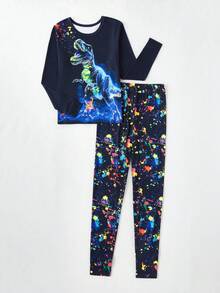 2 pièces Ensemble de pyjama à manches longues et pantalon ajusté avec imprimé luminescent pour garçons