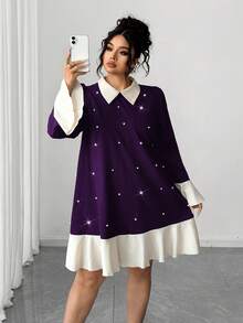 Elenzga Fashionable Casual French Retro Romantic Elegant Pearl Contrast Color Dress - Purple - View 5