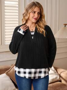 Rosumi Plus Size V-Neck Long Sleeve Drop Shoulder Ribbed Casual Loose T-Shirt, Plaid Patchwork T-Shirt, Autumn/Winter,2025 New - Black - View 5