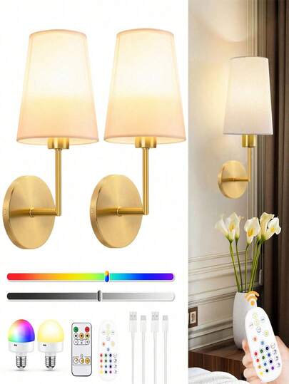 Rechargeable Battery Powered Wall Lamp, Gold Chargeable Wall Light With 2000mAh, Dimmable, Detachable Bulb And Remote Control, 15 Colors Wireless Wall Lamp For Bedroom, Living Room, Corridor Decor