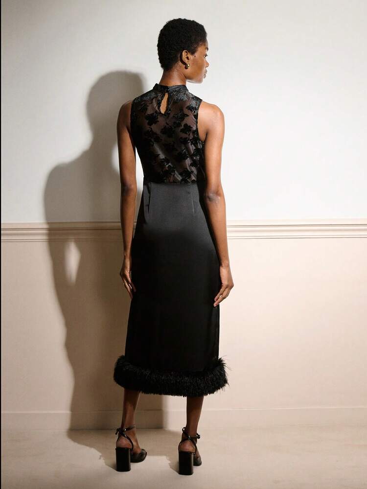 Black Satin Sleeveless Maxi Dress With Lace Bodice And Fur Hem Chic Party Evening Going Out Autumn Winter